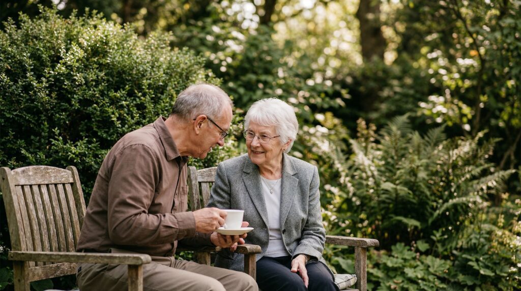 Two retirees having coffee on a bench